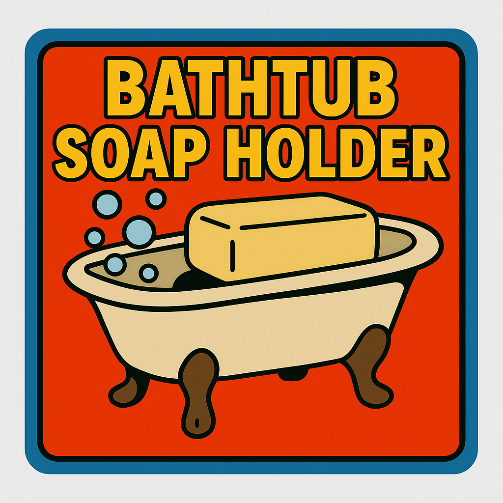 Cartoon-style retro illustration of a vintage cast iron bathtub soap holder with claw feet, holding a yellow bar of soap and surrounded by bubbles, set against a bold red-orange background with thick blue border and large yellow text reading 'Bathtub Soap Holder'. Fun novelty gift image with quirky design flair.