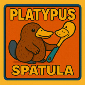 Retro-style digital illustration of a cartoon platypus holding a spatula designed to look like another platypus, set against a bold mustard-yellow background with thick black outlines and the words 'Platypus Spatula' in large, playful lettering.