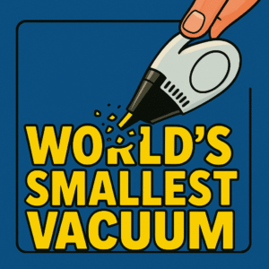 Retro-style digital illustration of a tiny handheld vacuum cleaner held between thumb and forefinger, positioned in the upper right corner, sucking up yellow letters from the phrase 'World's Smallest Vacuum' on a dark blue background. Some of the letter pieces are shown flying into the vacuum nozzle.