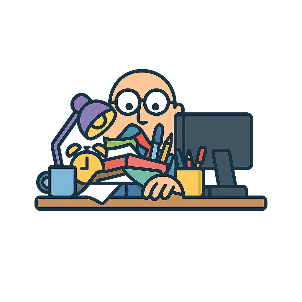 Cartoon-style illustration of a bald office worker with glasses peeking over a cluttered desk. The desk is piled high with random office knick-knacks including a lamp, alarm clock, coffee mug, folders, pencils, and a computer monitor, all illustrated with bold outlines and flat colors on a transparent background.