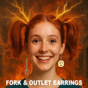 Redheaded woman wearing Fork & Outlet Socket Earrings with sparks of electricity flying from her hair in a smoldering room.