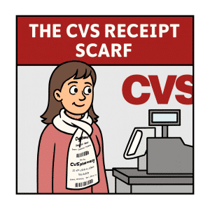 a cartoon of a woman wearing a scarf that looks like a CVS Receipt