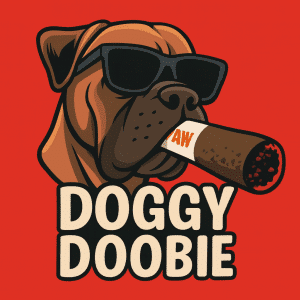 Cool cartoon dog in sunglasses holding a squeaky dog toy shaped like a giant doobie.