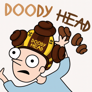 Cartoon character wearing a “Doody Head” hat with toy poop pieces flying toward it.