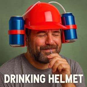 Red plastic drinking helmet with two beercans attached and straws leading to the wearer’s mouth, worn by a smiling man.
