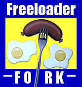 "Retro-style Freeloader Fork design featuring a fork holding a sausage above two sunny-side-up eggs on a yellow and blue background with bold text."