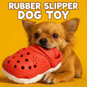 A tan Chihuahua playfully chewing on a black rubber slipper.