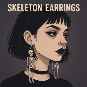 Side profile of a gothic girl with pale skin and dark makeup wearing dangling skeleton earrings.